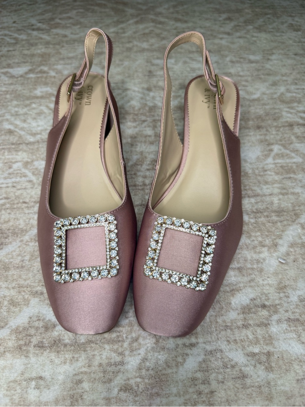 crown & ivy Mauve Satin Slingback heels with Crystal Square Buckles